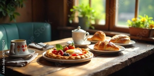 Fototapeta Rustic wooden table laden with a delicious brunch spread, featuring fresh fruit, pastries, and coffee Sunlight streams through a nearby window, illuminating the inviting scene , aesthetic, relaxing