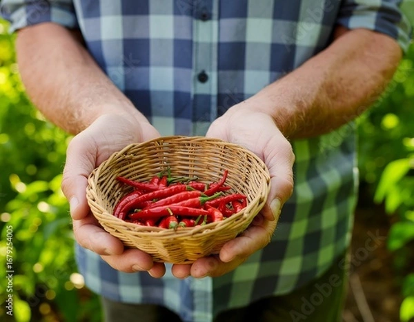 Fototapeta Harvested Spice Hands Holding Basket of Fresh Chili Peppers in a Garden Setting