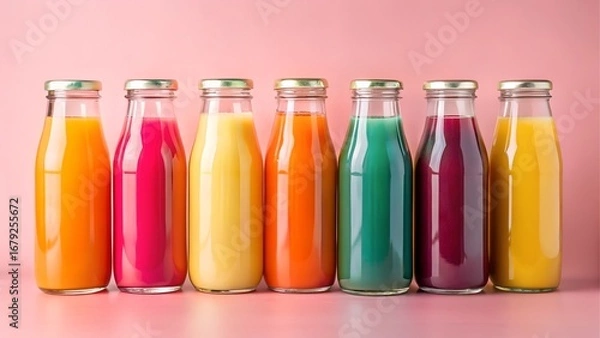 Fototapeta Assortment of colorful fruit juices in glass bottles