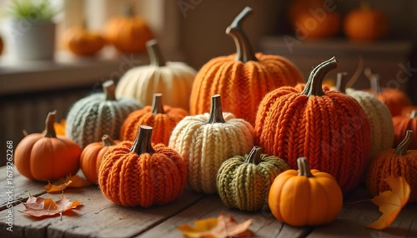 Fototapeta High resolution picture of knitted pumpkins in various shades of orange, beige and green colors on a wooden surface with pumpkins around. Cozy Autumn Fall Halloween Decoration.	