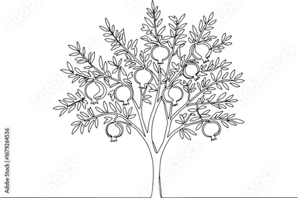 Fototapeta Elegant Pomegranate Tree in Single Line Art Style Minimalist and
