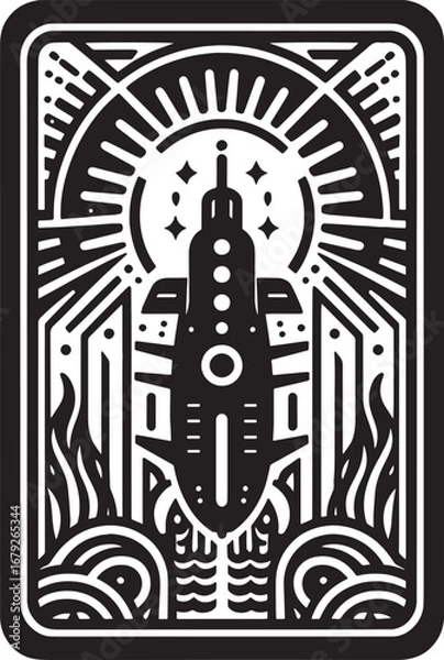 Fototapeta Illustrative Black and White Artwork of a Submarine in an Art Deco Style for Design