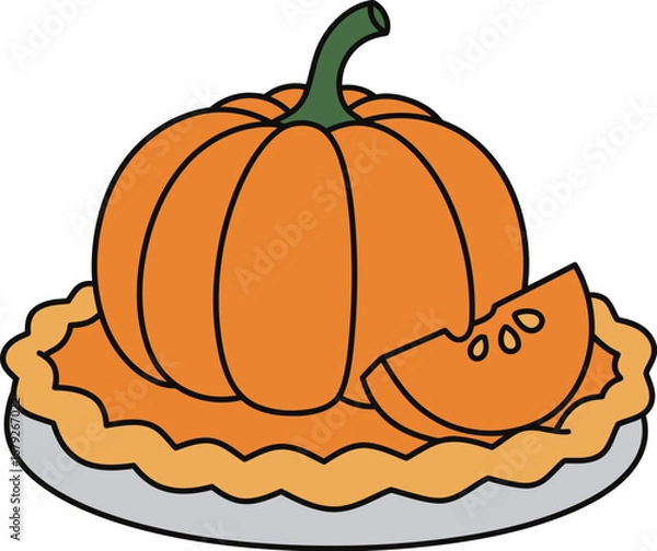 Fototapeta A cartoon illustration of a pumpkin pie with a whole pumpkin on top on transparent background