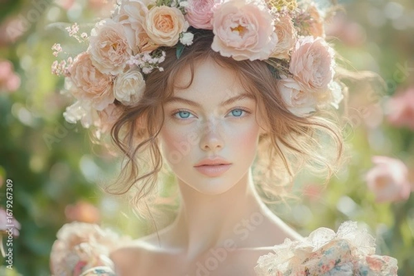 Obraz A young woman with freckles and blue eyes wears a flower crown in a garden.