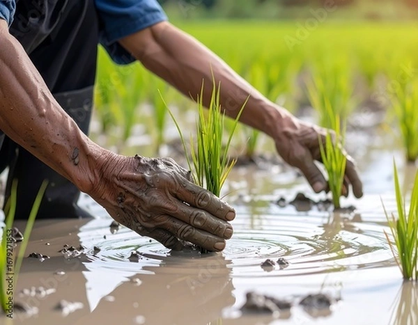 Fototapeta Close-up of a farmer's muddy hands meticulously planting young rice seedlings in a flooded paddy field