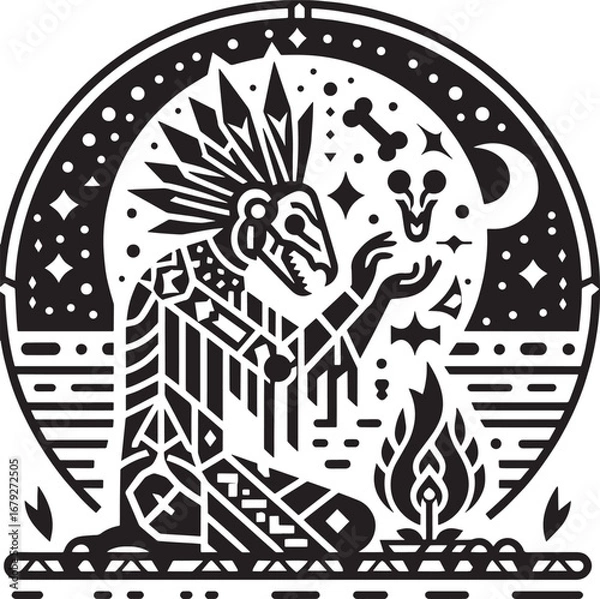 Fototapeta Intricate black and white illustration of a stylized Native American shaman with mystical elements