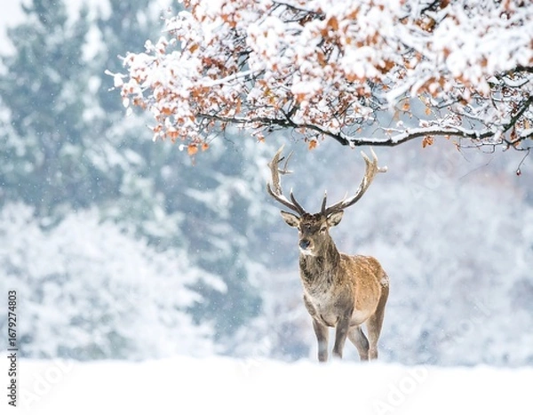 Obraz Majestic stag in a snowy forest (1)