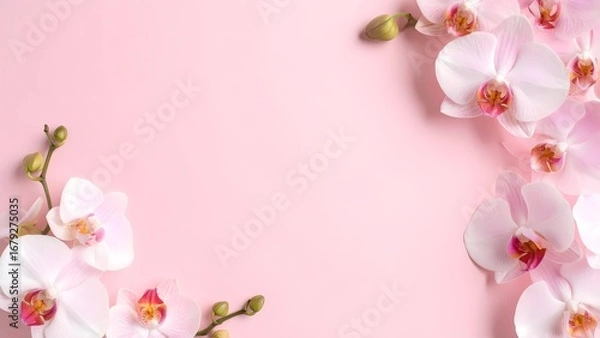 Fototapeta Pink background framed by delicate white orchids with hints of pink.