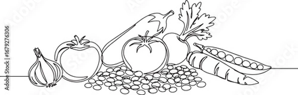 Fototapeta Elegant single line drawing of assorted vegetables and lentils s