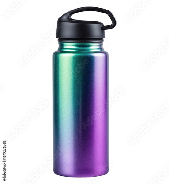 Fototapeta Gradient matte insulated water bottle with handle cap image isolated transparent. Stainless steel flask drinkware cut out photo png. Hydration gear cutout element object photography