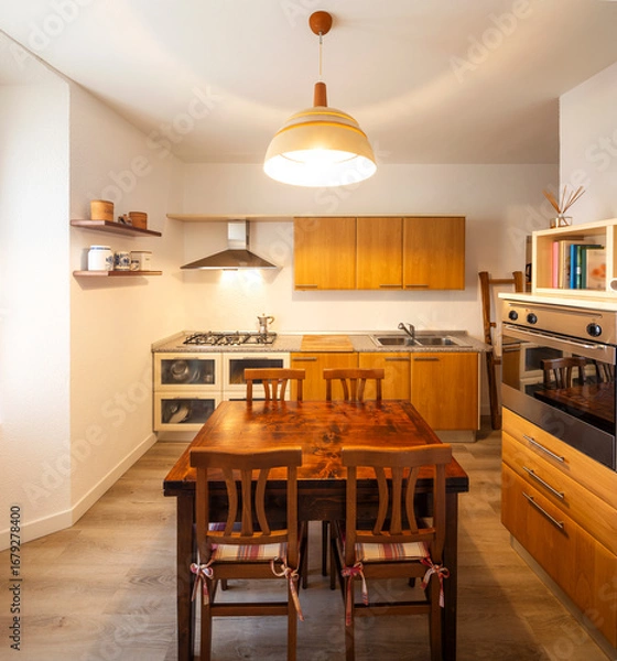 Fototapeta Interior of a kitchen with lots of wood in an old Italian style. In the foreground is the table and chairs.