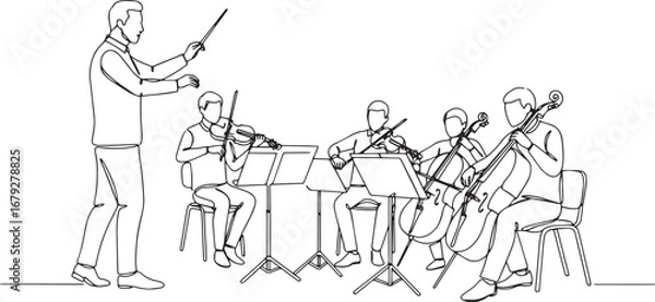 Fototapeta Orchestra in harmonious session with continuous line drawing vec