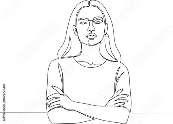 Fototapeta Single continuous line drawing of confident woman with arms cros