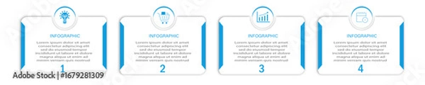 Fototapeta Business process timeline visualization with icon on circle | Infographic 4 steps white diagram with two side blue border business data representation | Vector illustration