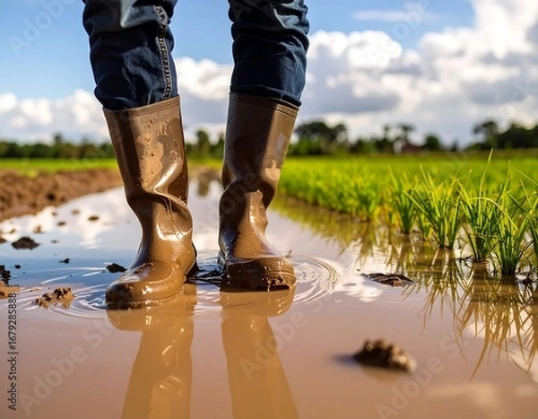 Fototapeta Muddy Boots in Rice Paddy Field Farmer's Work