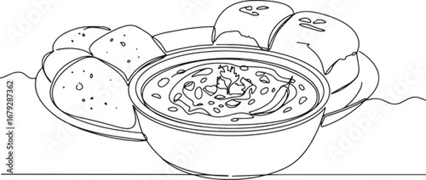 Fototapeta Monochrome line art depicting a bowl of pav bhaji with buttered