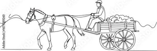 Fototapeta Vintage farming scene showcasing continuous line drawing of hors