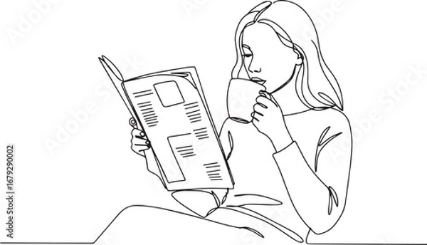 Fototapeta Continuous line drawing: A woman enjoys a quiet moment with news