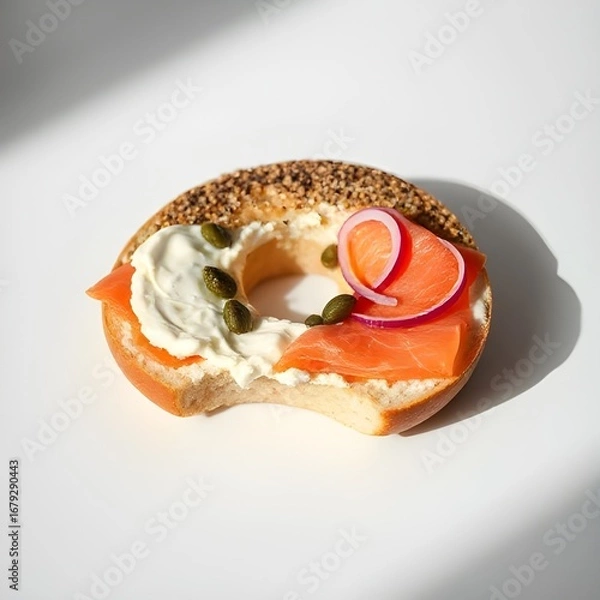Fototapeta Fresh Bagel with Cream Cheese, Smoked Salmon, Capers, and Red Onion