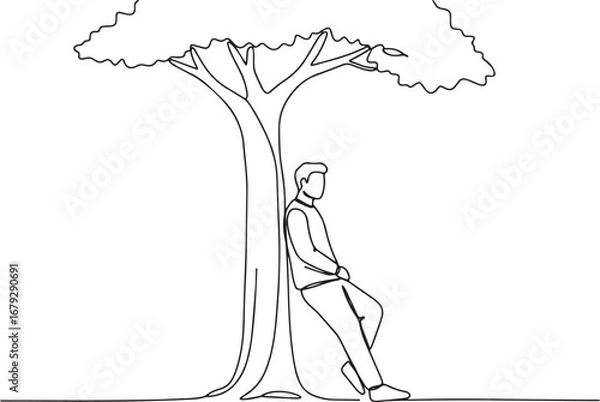 Fototapeta Contour drawing of a man leaning against a tree in a minimalist