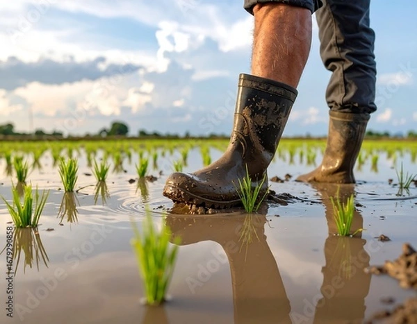 Fototapeta Farmer's Boots in Paddy Field Stepping into the Future of Rice Cultivation