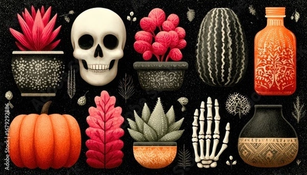 Fototapeta Ghost vector illustrations set with abstract designs, skeleton hands, and pumpkins.