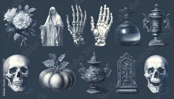 Fototapeta Ghost vector illustrations set with abstract designs, skeleton hands, and pumpkins.