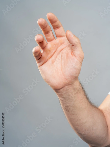 Fototapeta Male Hand Palm Close-Up on Gray Background, Open Gesture