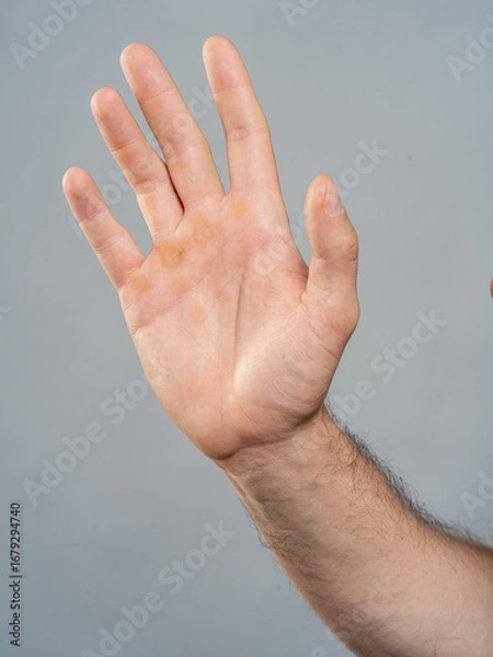 Fototapeta Male Hand Palm Close-Up on Gray Background, Open Gesture