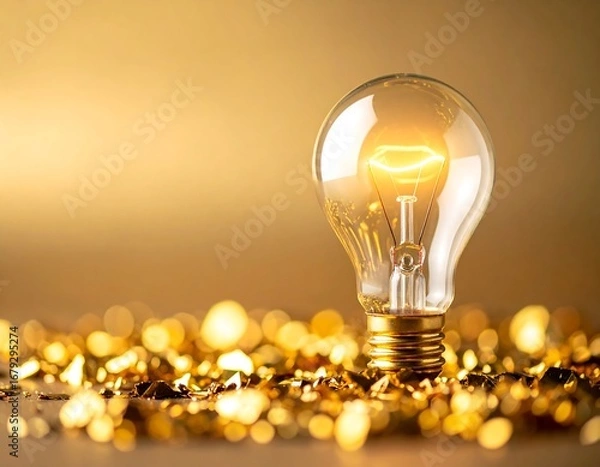 Obraz Illuminated lightbulb amidst golden confetti