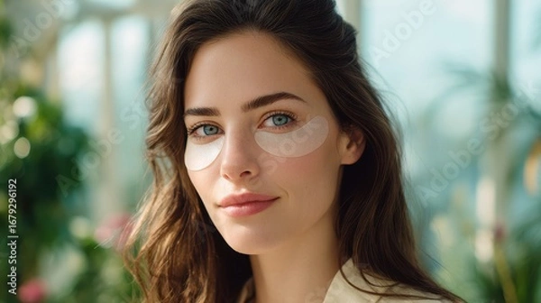 Obraz Woman under eye patch skincare beauty natural healthy fresh serene indoor close up. young woman with clear skin and blue eyes wears under eye patches radiating calm and fresh feeling indoors