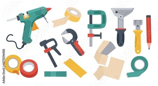 Fototapeta Assorted craft and construction tools displayed on a white background, including glue gun, tape, pliers, and a variety of other equipment.