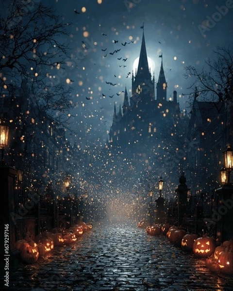 Fototapeta Ghosts and bats flying above a castle and graveyard with pumpkins