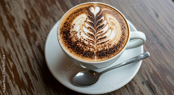 Fototapeta A cup of cappuccino with latte art sits on a saucer with a spoon, resting on a wooden table.