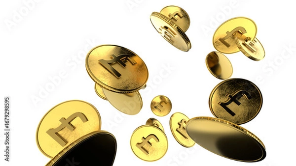 Fototapeta Great britain pound gold coin with GBP currency sign in isometric top view isolated on white background. 