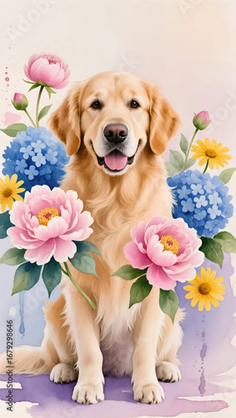 Obraz Cute dog with flowers background