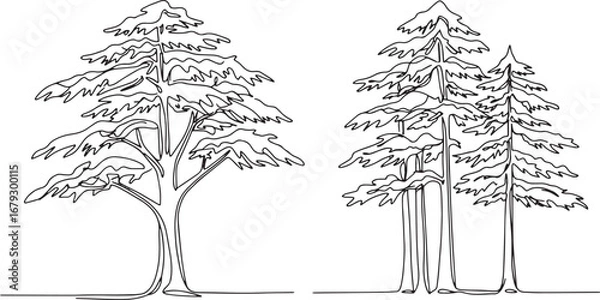 Fototapeta Minimalist single line drawing of cedar trees, capturing nature'