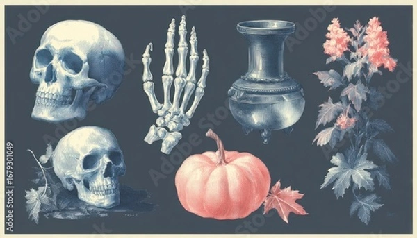 Fototapeta Ghosts, pumpkins, and skeleton hands in vector Halloween set.