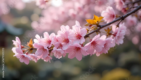 Fototapeta A vibrant pink cherry tree branch with delicate blossoms blooms beautifully in the spring garden
