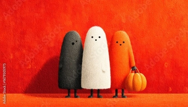 Fototapeta Ghosts with expressive faces and pumpkins. Flat design.