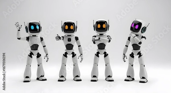 Fototapeta Four cute white robots with expressive colorful eyes standing poses technology future innovation communication friendly characters digital isolated render
