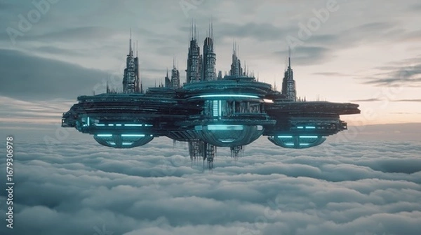 Fototapeta Futuristic Floating City Above the Clouds