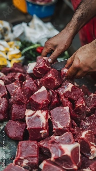 Fototapeta Butcher Cutting Fresh Red Meat Cubes at Market