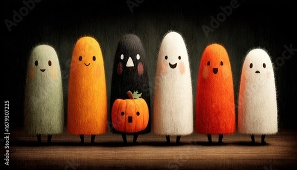 Fototapeta Ghosts with expressive faces and pumpkins. Flat design.