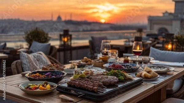 Fototapeta A table with a variety of food and drinks, including wine glasses and cups
