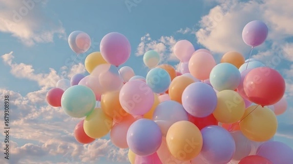 Fototapeta A bunch of colorful balloons floating in the sky
