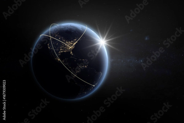 Fototapeta Earth at night from space with light lines of communication, connection or travel. Global communications system and the World Wide Web.