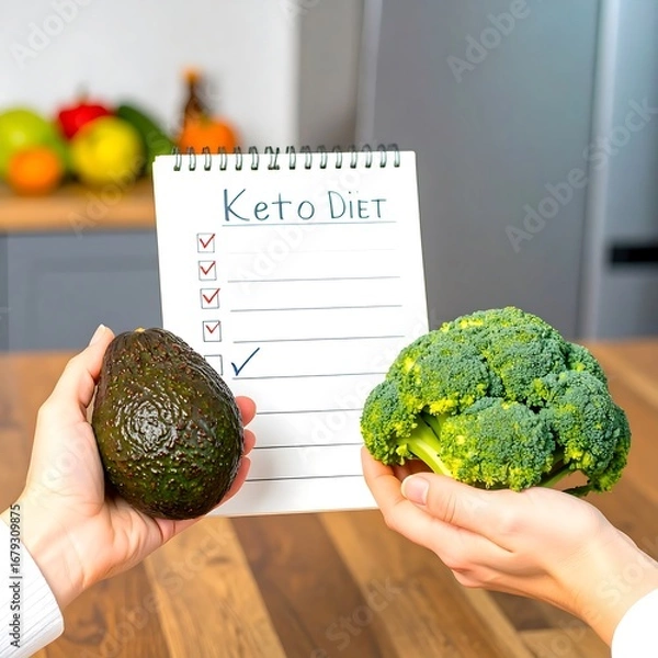 Fototapeta Hands holding avocado and broccoli, checklist for keto diet