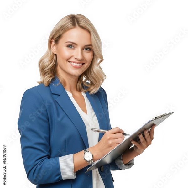 Fototapeta Professional woman in blue blazer writing on clipboard with pen on transparent background business isolated on a transparent background