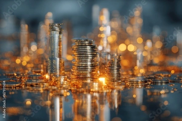 Obraz Golden Stacks of Wealth: Gleaming gold coins tower in structured stacks, glistening with financial prosperity and wealth against a backdrop of blurred brilliance, symbolising financial success.